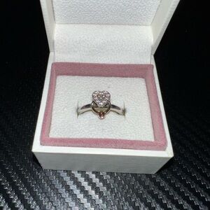 Pandora Silver Ring with Pink Heart and 14K Gold Halo